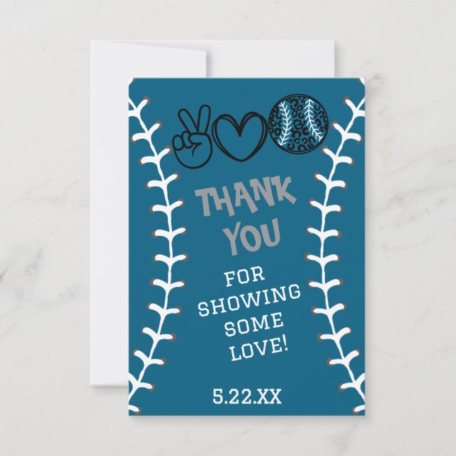 Tarjeta De Agradecimiento Cumpleaños de Peace Love Softball (Anverso)