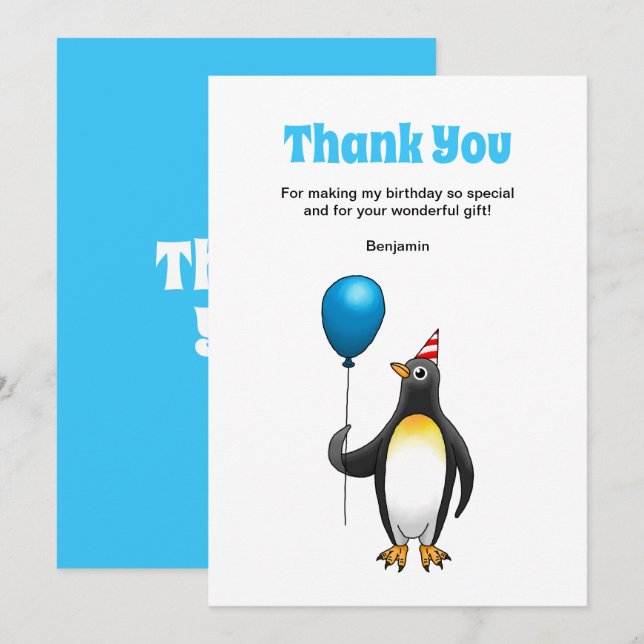 Tarjeta De Agradecimiento Cumpleaños de Pingüino (Anverso / Reverso)