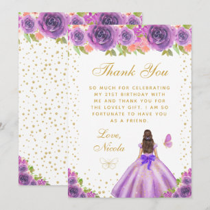 Tarjeta De Agradecimiento Cumpleaños de princesa con cabello castaño y flore