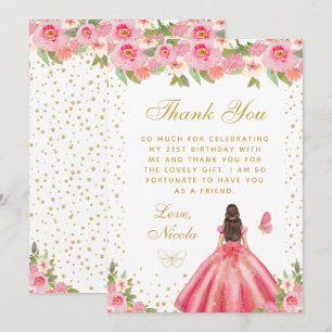 Tarjeta De Agradecimiento Cumpleaños de princesa con cabello castaño y flore