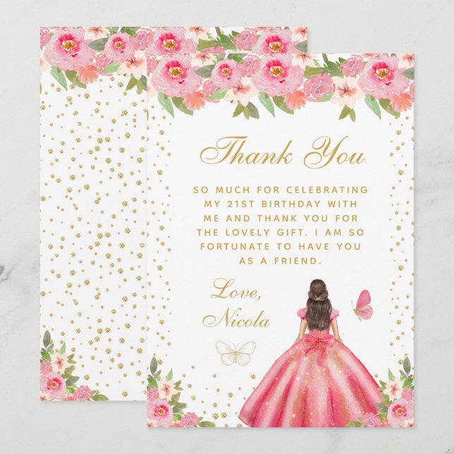 Tarjeta De Agradecimiento Cumpleaños de princesa con cabello castaño y flore (Anverso / Reverso)