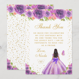 Tarjeta De Agradecimiento Cumpleaños de Princesa de Piel Oscura con Flores P