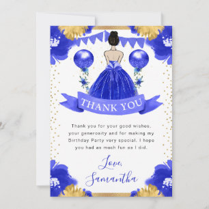 Tarjeta De Agradecimiento Cumpleaños de princesa morena de vestido azul