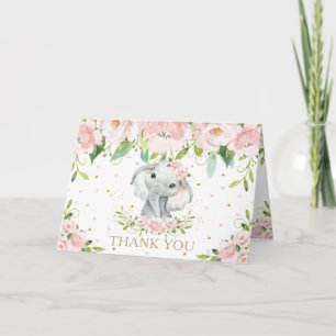 Tarjeta De Agradecimiento Cumpleaños de Rubor Pink Floral Elephant en Baby S