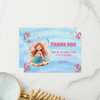 Tarjeta De Agradecimiento Cumpleaños de Sirena Acuarela Bajo el Mar
