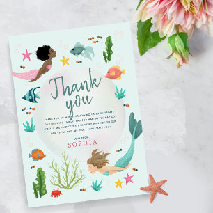 Tarjeta De Agradecimiento Cumpleaños de sirena bajo el mar para niñas lindas