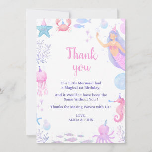 Tarjeta De Agradecimiento Cumpleaños de Sirena Oceánica Cumpleaños de 1 año 