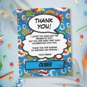 Tarjeta De Agradecimiento Cumpleaños de superhéroe de cómic azul agradecimie