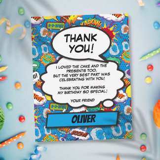 Tarjeta De Agradecimiento Cumpleaños de superhéroe de cómic azul agradecimie