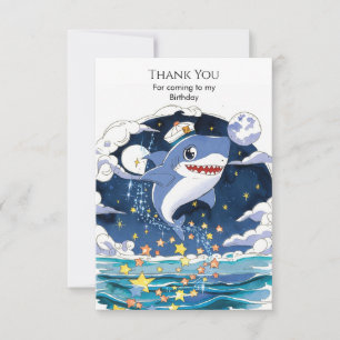 Tarjeta De Agradecimiento Cumpleaños de Tiburón Pastel Azul Divertido