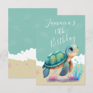 Tarjeta De Agradecimiento Cumpleaños de Tortuga de Acuarela en el Océano Gra