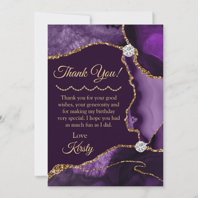 Tarjeta De Agradecimiento Cumpleaños de un Purpurina morado y dorado (Anverso)