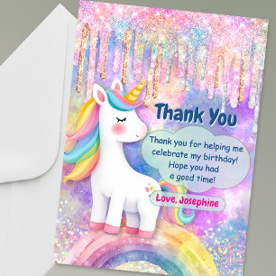 Tarjeta De Agradecimiento Cumpleaños de unicornio colorido y lindo con gotas