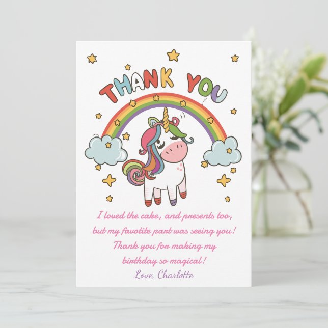 Tarjeta De Agradecimiento Cumpleaños de unicornio, mágico fiesta de unicorni (Anverso de pie)