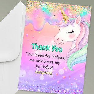 Tarjeta De Agradecimiento Cumpleaños de unicornio rosa acuático lindo y colo