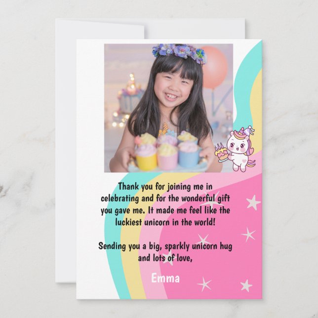Tarjeta De Agradecimiento Cumpleaños de Unicornio rosa personalizado (Anverso)
