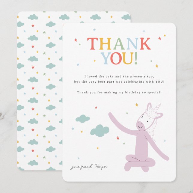 Tarjeta De Agradecimiento Cumpleaños de Unicornio Slumberkins (Anverso / Reverso)