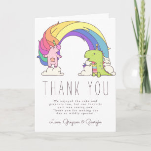 Tarjeta De Agradecimiento Cumpleaños de Unicornios y Dinosaurios Agradecimie