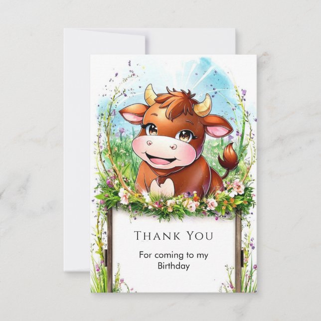Tarjeta De Agradecimiento Cumpleaños de Vaca Editable para Niños (Anverso)
