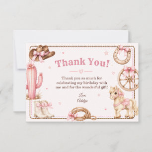 Tarjeta De Agradecimiento Cumpleaños de vaquera occidental con caballo rosa