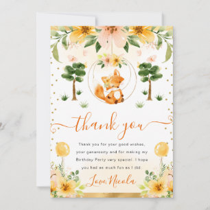 Tarjeta De Agradecimiento Cumpleaños de zorro floral lindo acuarela