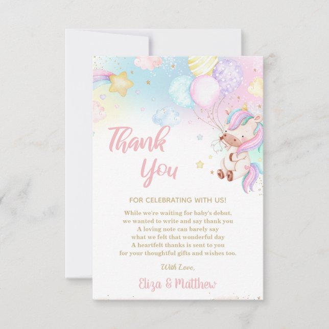 Tarjeta De Agradecimiento Cumpleaños del Chica de Unicornio arcoiris lindo (Anverso)