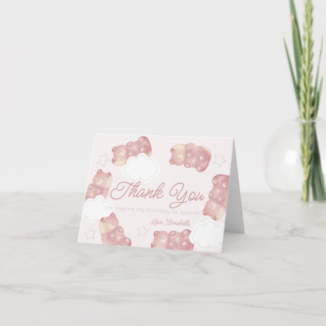 Tarjeta De Agradecimiento Cumpleaños del Chica del oso de Gummy Rosa (Anverso)