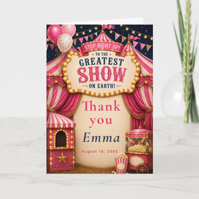 Tarjeta De Agradecimiento Cumpleaños del Circo Rosa (Anverso)