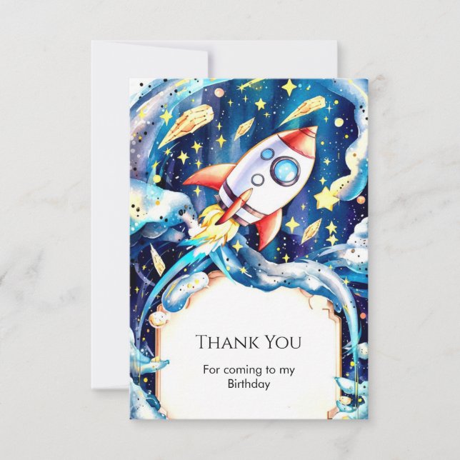 Tarjeta De Agradecimiento Cumpleaños del cohete Cute Stars (Anverso)