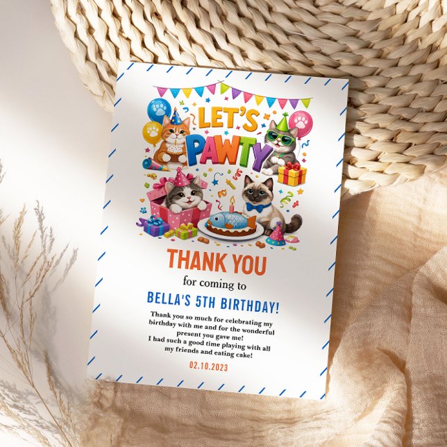 Tarjeta De Agradecimiento Cumpleaños del Gato Let’s Pawty 5 | Cumpleaños de  (Let’s Pawty Cat 5th Birthday | Cute Kitty Birthday Thank You Card
)