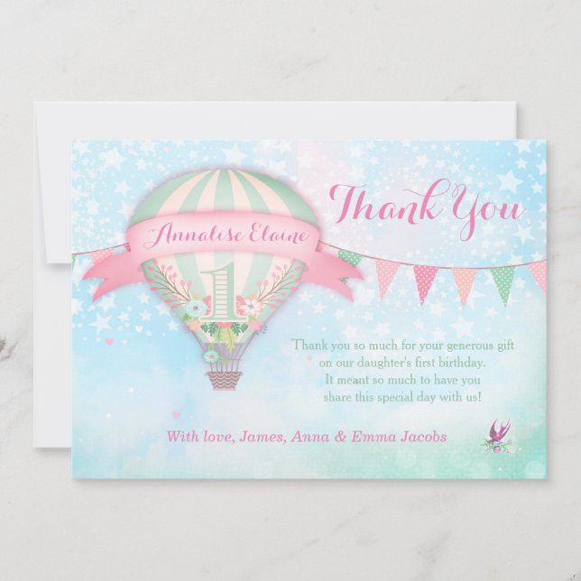Tarjeta De Agradecimiento Cumpleaños del globo del aire caliente de la (Anverso)