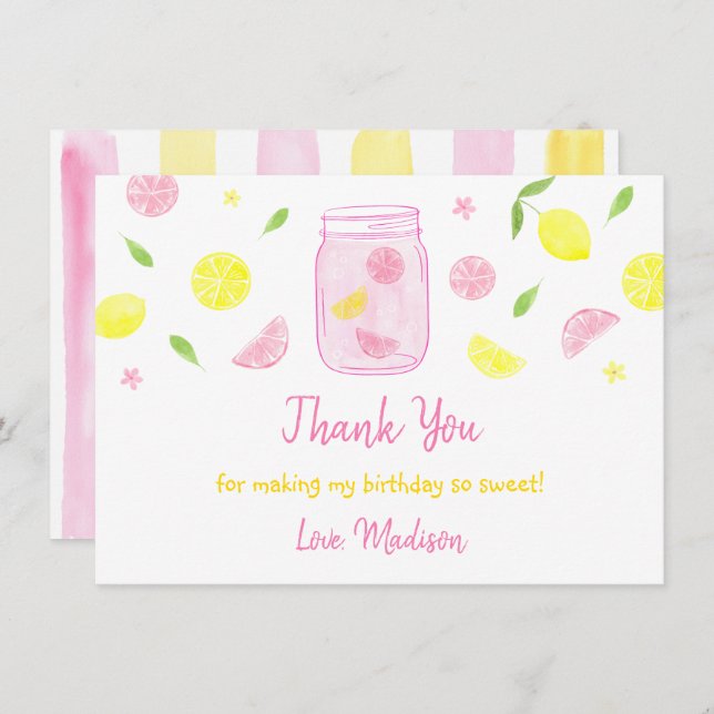 Tarjeta De Agradecimiento Cumpleaños del limón rosa Lemonade (Anverso / Reverso)