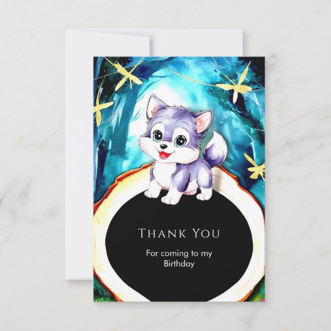 Tarjeta De Agradecimiento Cumpleaños del Lobo de Encanto Simple (Anverso)