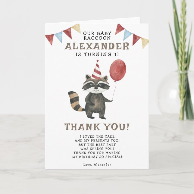 Tarjeta De Agradecimiento Cumpleaños del mapache acuarela 1er año (Anverso)