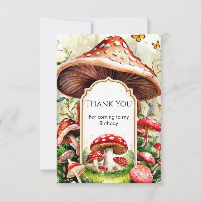 Tarjeta De Agradecimiento Cumpleaños del Pastel Boho Mushroom (Anverso)