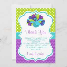 Tarjeta De Agradecimiento Cumpleaños del pavo real lindo verde y púrpura