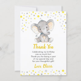 Tarjeta De Agradecimiento Cumpleaños del pequeño maní del elefante amarillo 