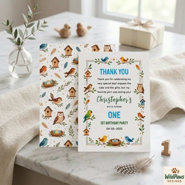 Tarjeta De Agradecimiento Cumpleaños del primer año de Cute Birds - Fiesta d (Cute Birds 1st Birthday – Fun Kids Party Thank You Card
)