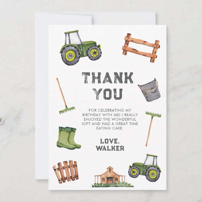 Tarjeta De Agradecimiento Cumpleaños del Tractor Verde de Acuarela (Anverso)