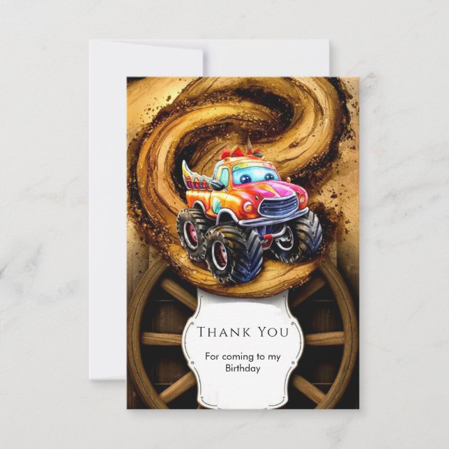 Tarjeta De Agradecimiento Cumpleaños del Whimsical Boho Track Monster Truck (Anverso)