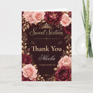 Tarjeta De Agradecimiento Cumpleaños dieciséis floral Borgoña
