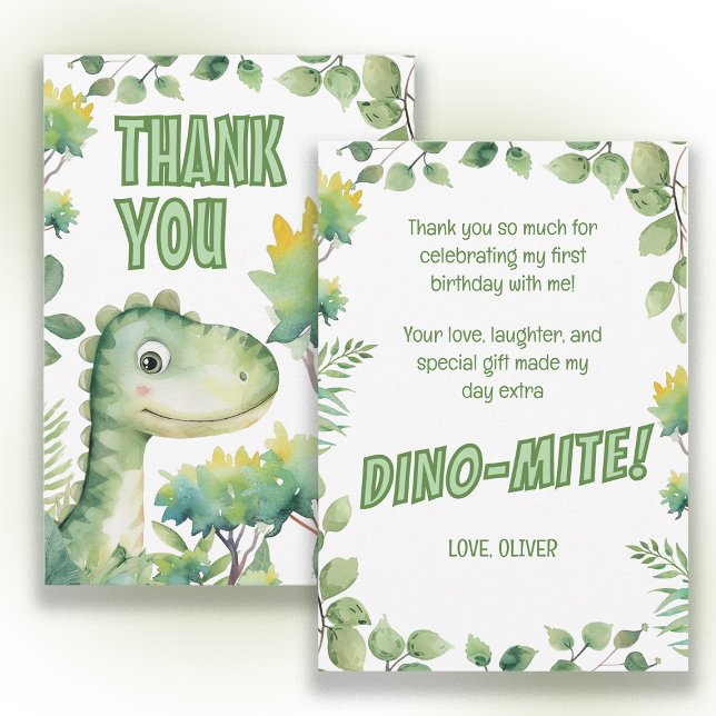 Tarjeta De Agradecimiento Cumpleaños Dino-Mite del bebé dinosaurio Gracias (Cute dinosaur 1st birthday party "Thank you" card. )