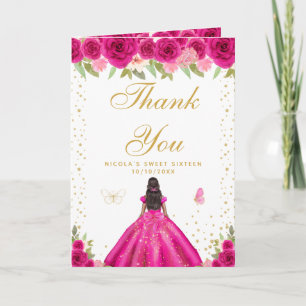 Tarjeta De Agradecimiento Cumpleaños Dulces 16 Floral Rosa Caliente Chica De