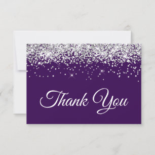 Tarjeta De Agradecimiento Cumpleaños Dulces 16 Morado Oscuro Brillo Plateado