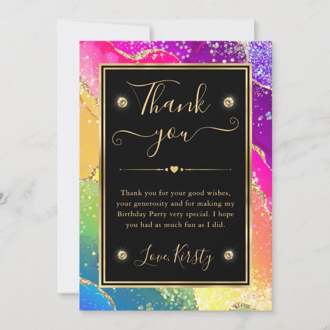 Tarjeta De Agradecimiento Cumpleaños Elegante Arcoíris Brillo Ágata y Oro (Anverso)