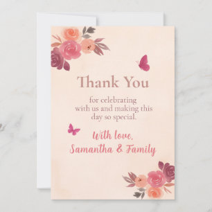 Tarjeta De Agradecimiento Cumpleaños elegante con flores de acuarela rosadas