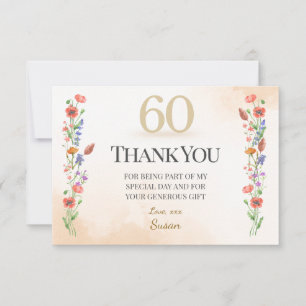 Tarjeta De Agradecimiento Cumpleaños elegante de 60 años - Diseño floral de 