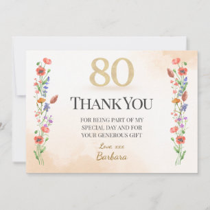 Tarjeta De Agradecimiento Cumpleaños elegante número 80 – 80 años de flores 