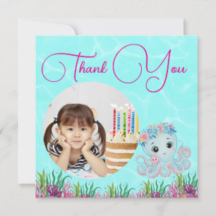 Tarjeta De Agradecimiento Cumpleaños femenino con pulpo floral bajo el mar