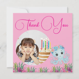 Tarjeta De Agradecimiento Cumpleaños femenino con pulpo floral bajo el mar